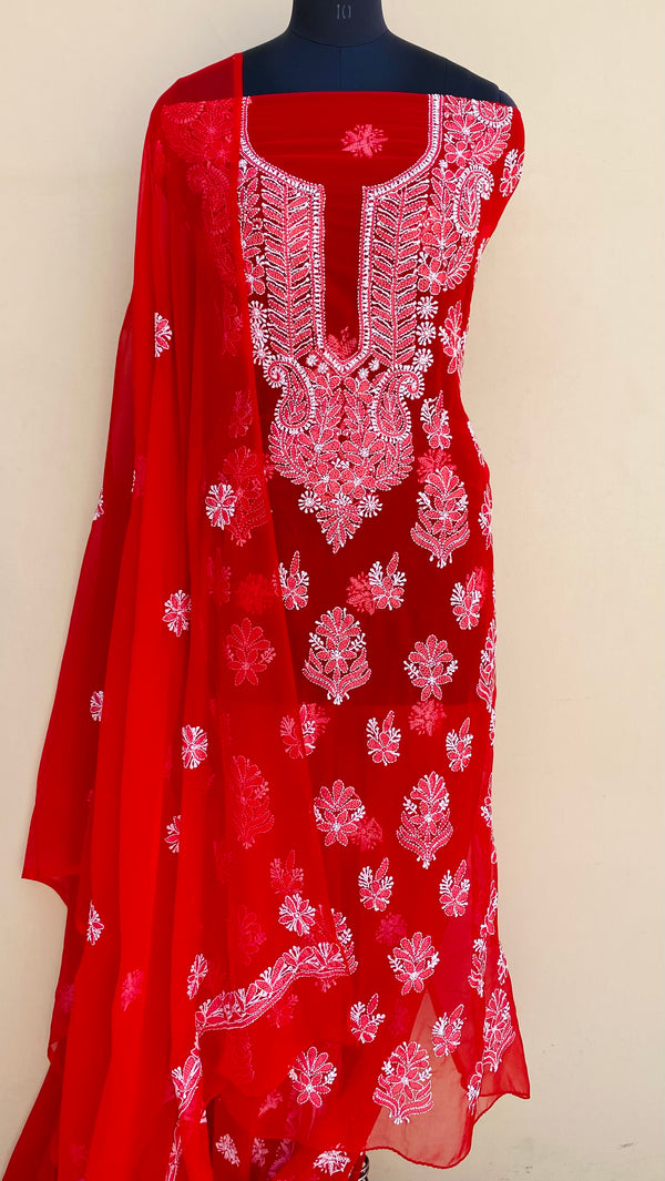 Lucknowi Chikankri Suit Length 3 Piece Red Georgette