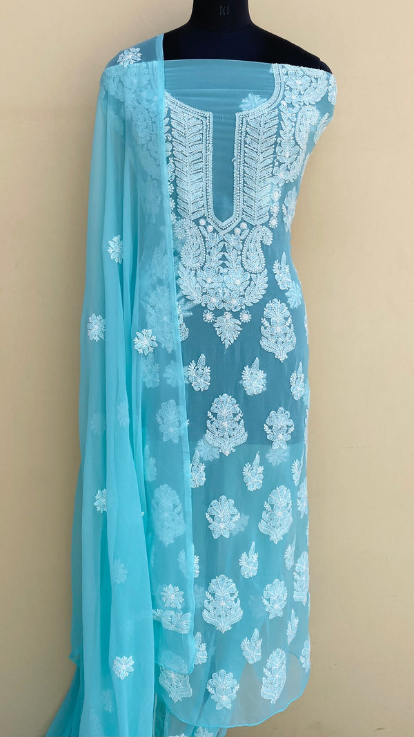 Lucknowi Chikankri Suit Length 3 Piece Blue Georgette