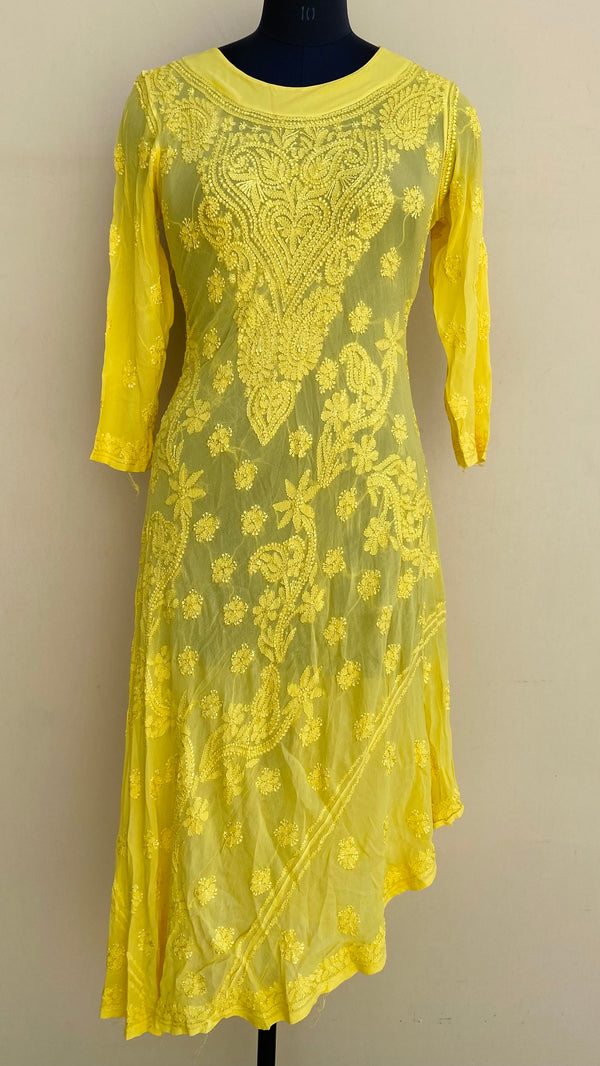 Lucknowi Chikankari  A-Line Kurti Yellow Pure Georgette With Resham Work