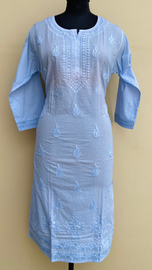 Lucknowi Chikankari Kurti Blue Mulmul Cotton With Self 3D Work