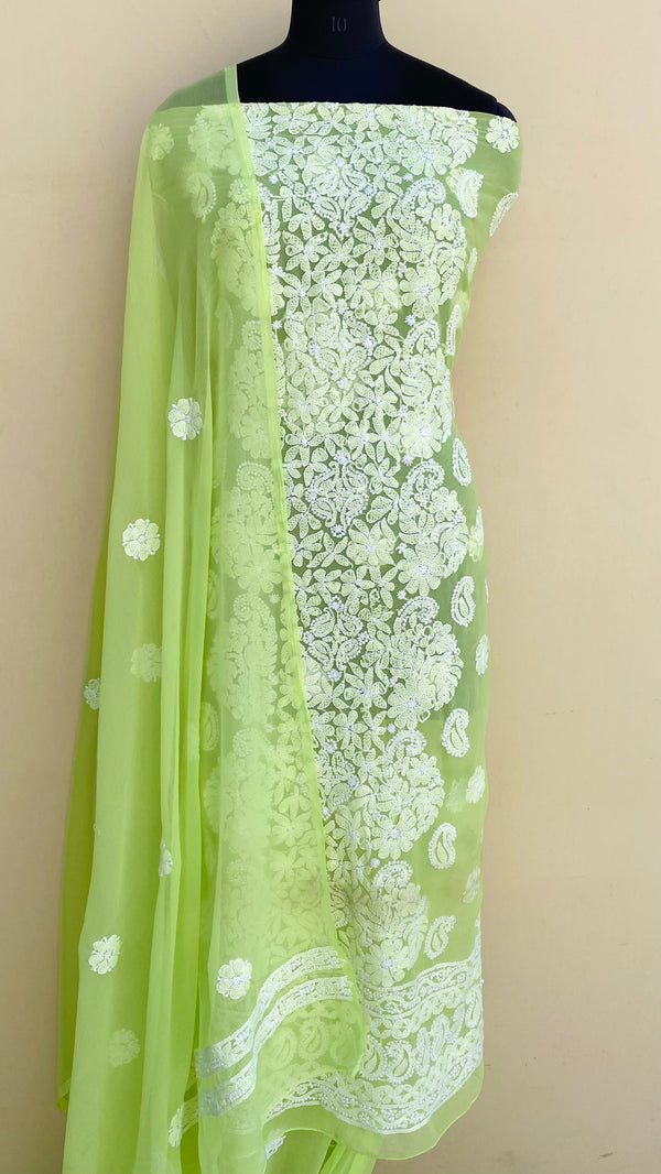 Lucknowi Chikankri Suit Length 3 Piece Green Georgette