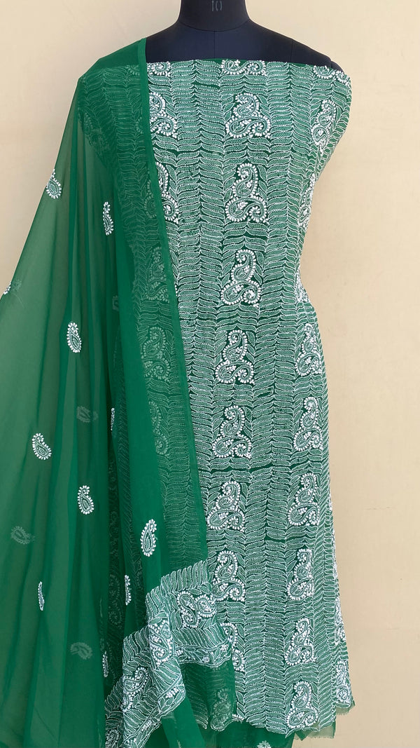 Lucknowi Chikankri Suit Length 3 Piece Green Georgette