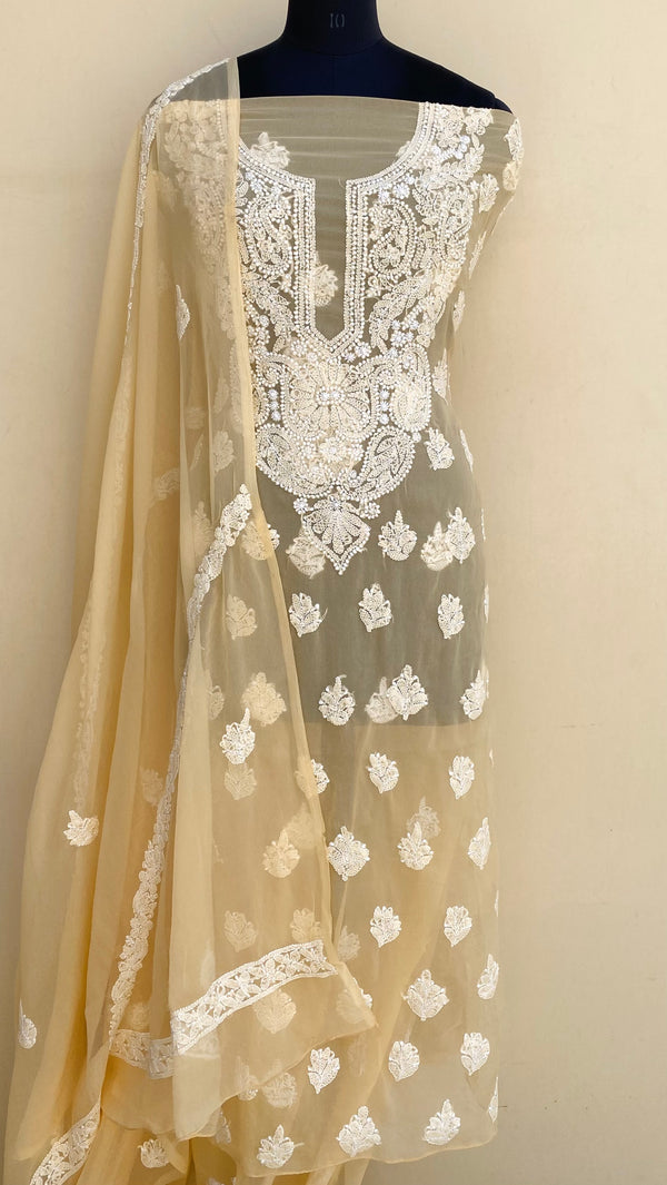 Lucknowi Chikankri Suit Length 3 Piece Beige Georgette