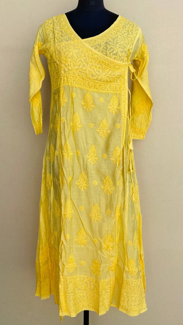 Lucknowi Chikankari Angrakha Kurti Yellow Muslin Cotton