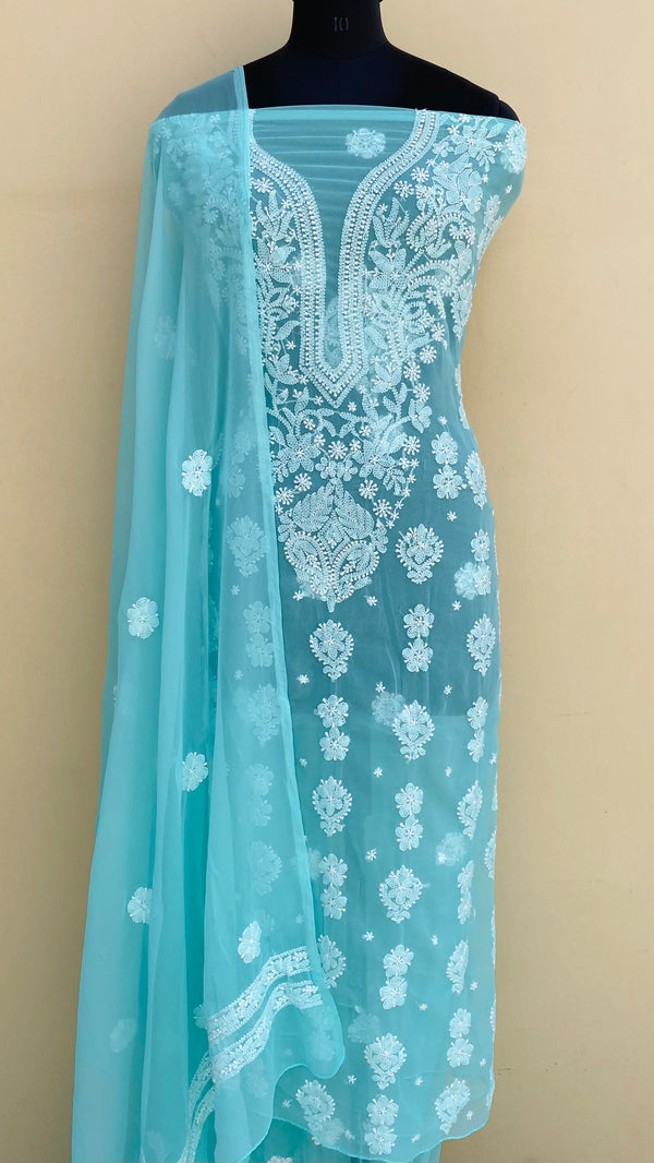 Lucknowi Chikankri Suit Length 3 Piece Sea Green Georgette