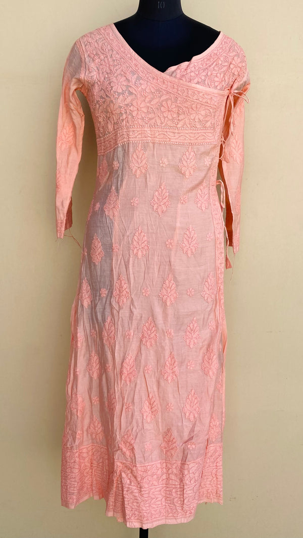 Lucknowi Chikankari Angrakha Kurti Peach Muslin Cotton