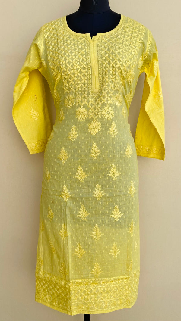 Lucknowi Chikankari Kurti Yellow Mulmul Cotton With Self 3D Work