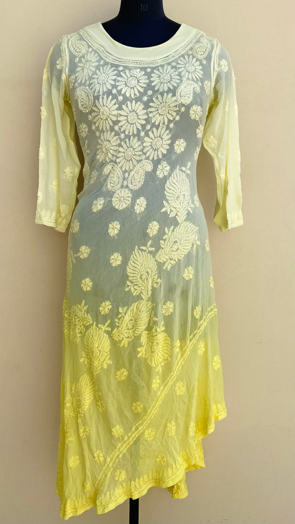 Lucknowi Chikankari A-Line Kurti Yellow Ombre Pure Georgette With Resham Work