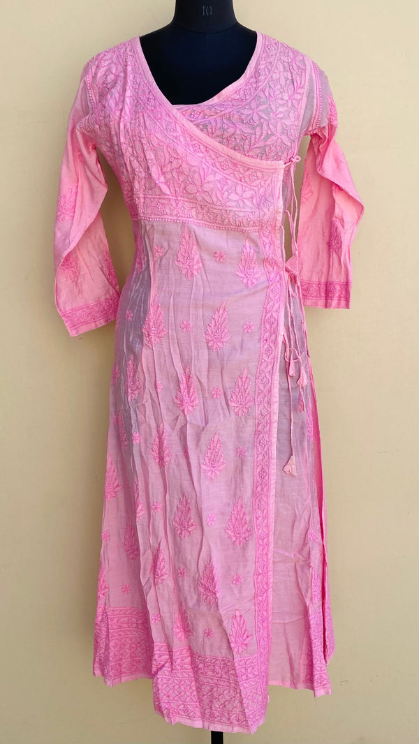 Lucknowi Chikankari Angrakha Kurti Pink Muslin Cotton