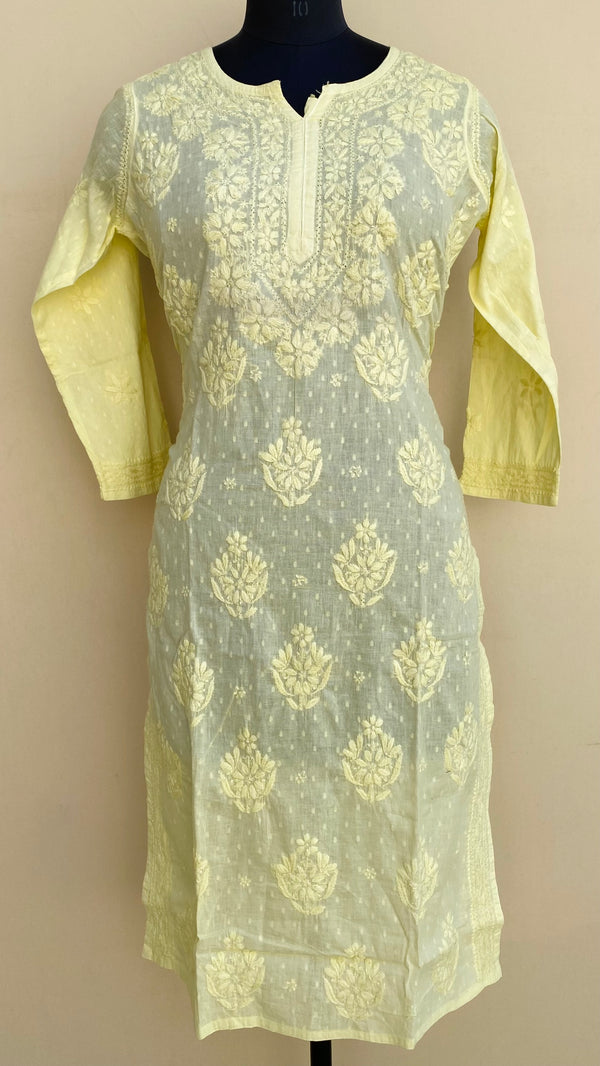 Lucknowi Chikankari Kurti Lemon Yellow Mulmul Cotton With Self 3D Work