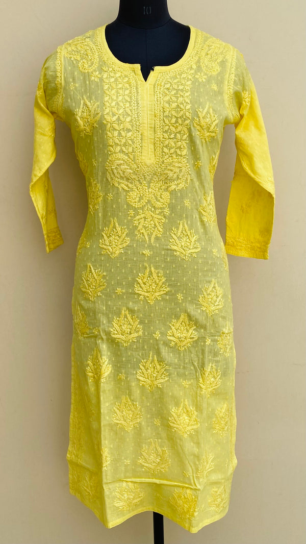 Lucknowi Chikankari Kurti Yellow Mulmul Cotton With Self 3D Work