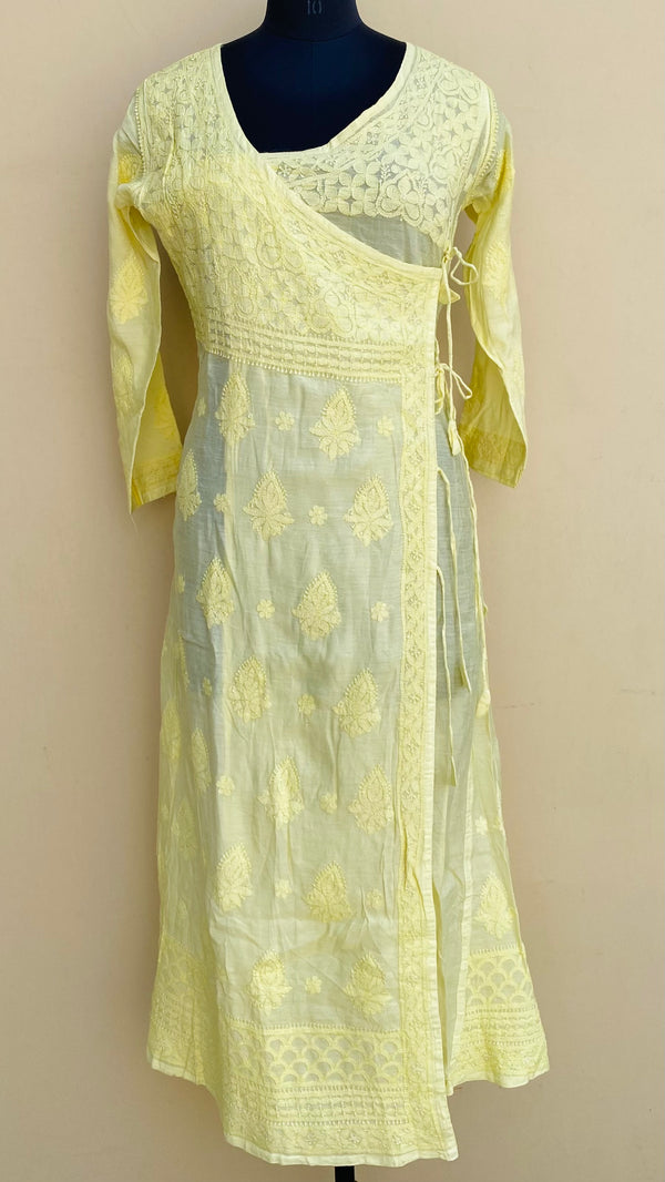 Lucknowi Chikankari Angrakha Kurti Yellow Muslin Cotton