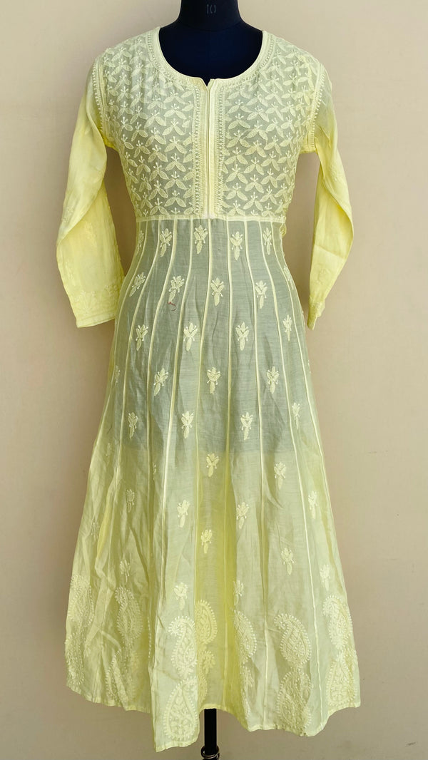 Lucknowi Chikankari A-Line Kurti Yellow Muslin Cotton