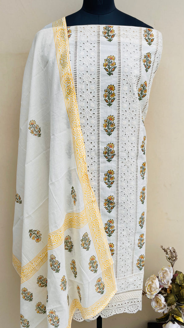 Designer Embroidered Cutwork Suit Length 3 Piece Off White Soft Cotton