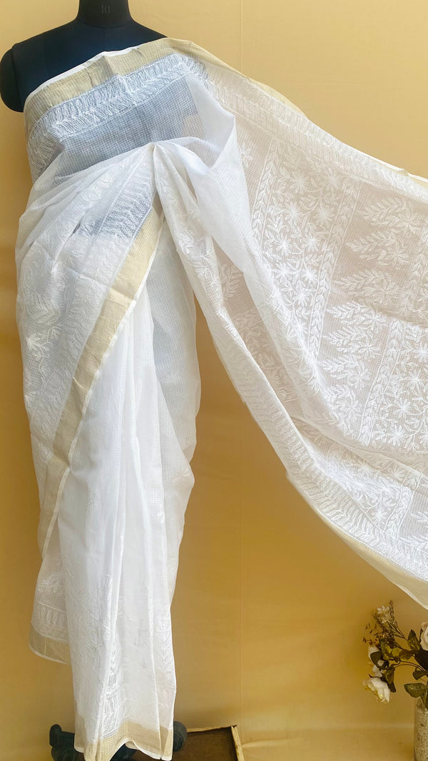 Lucknowi Chikankari Saree White Kota With Tepchi Work