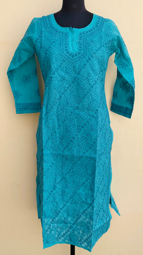 Lucknowi Chikankari Self Kurti Sea Green Cotton