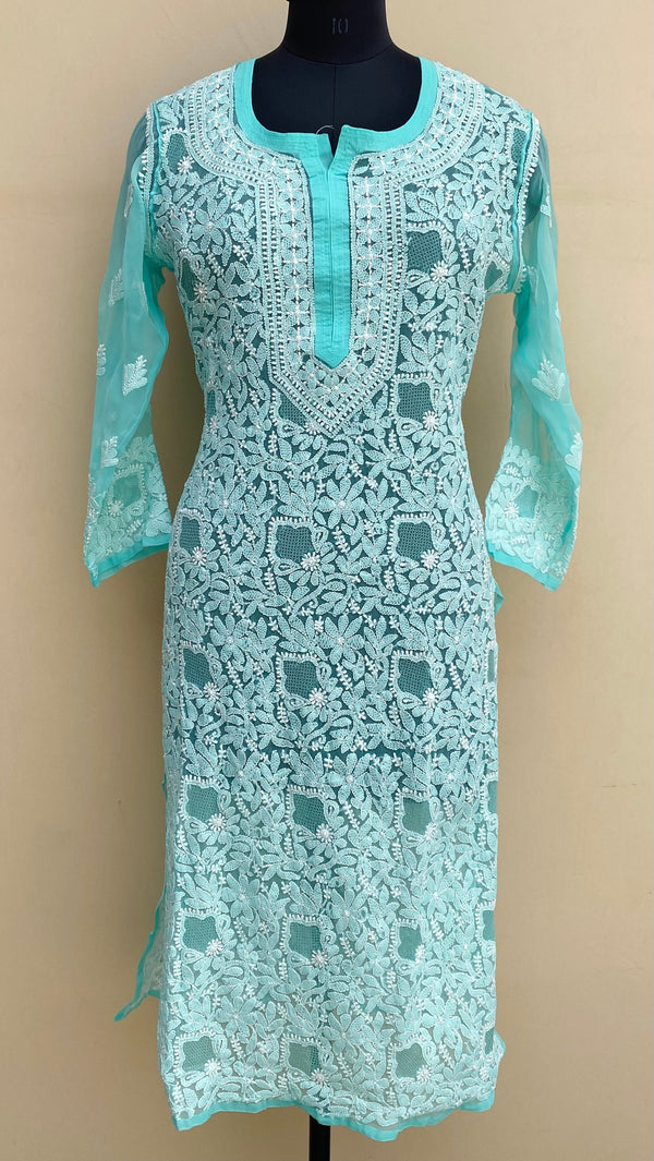 Lucknowi Chikankari Kurti Sea Green Faux Georgette With Jaali Work
