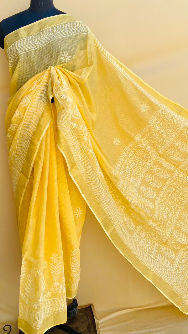 Lucknowi Chikankari Saree Yellow Kota With Tepchi Work