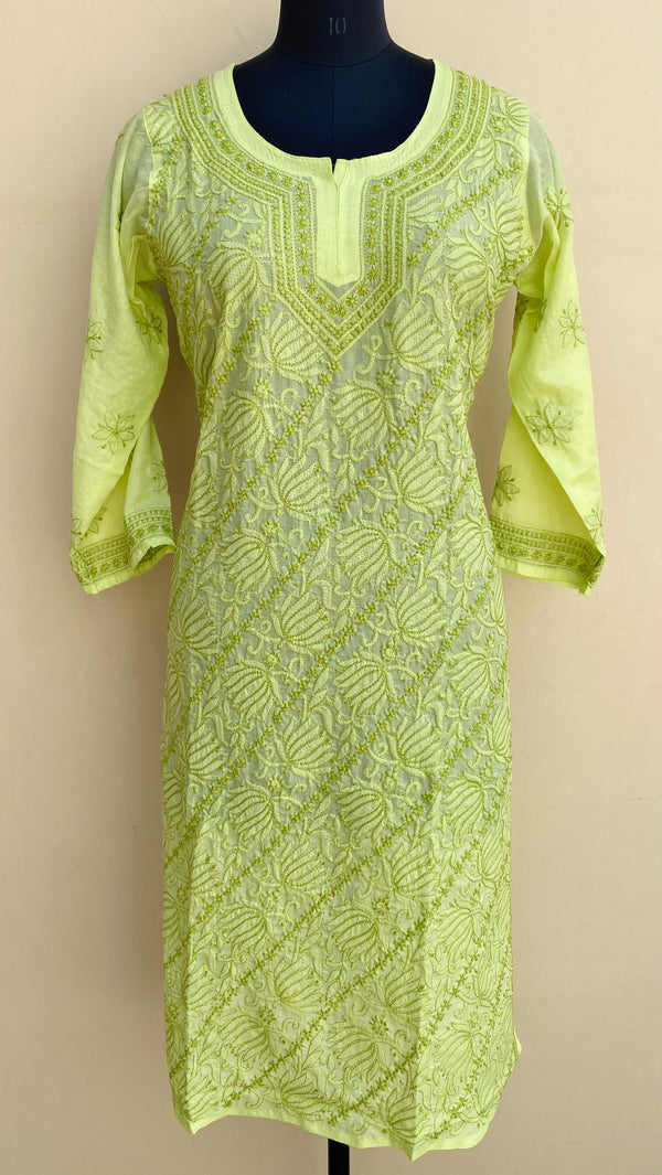 Lucknowi Chikankari Self Kurti Pista Green Cotton