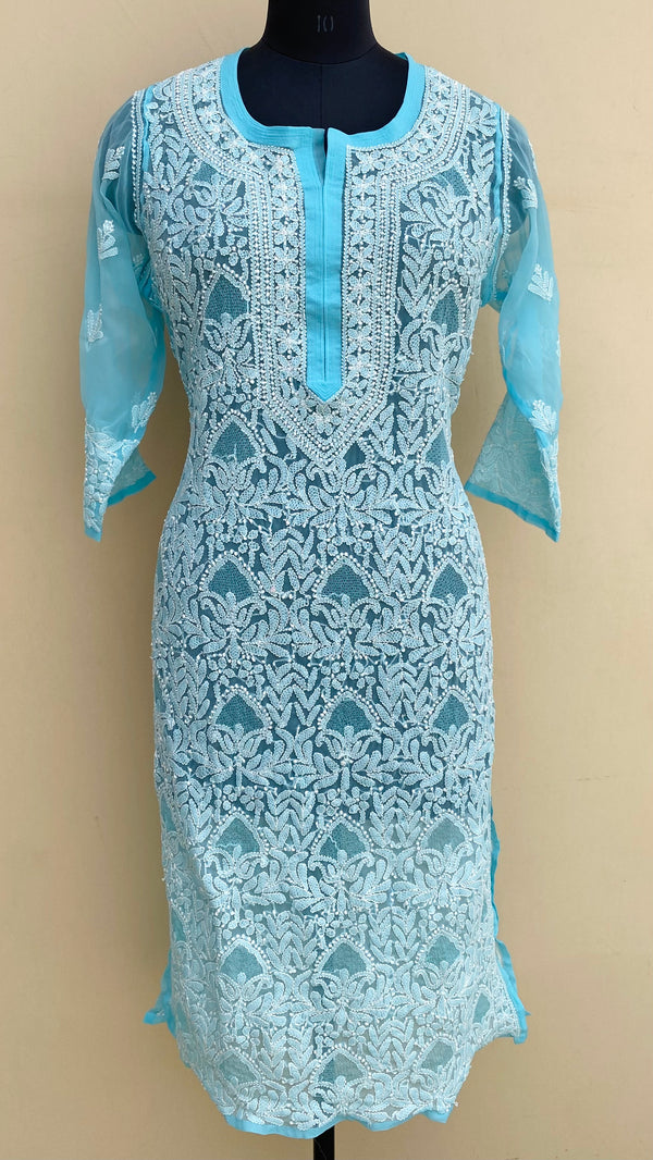 Lucknowi Chikankari Kurti Blue Faux Georgette With Jaali Work