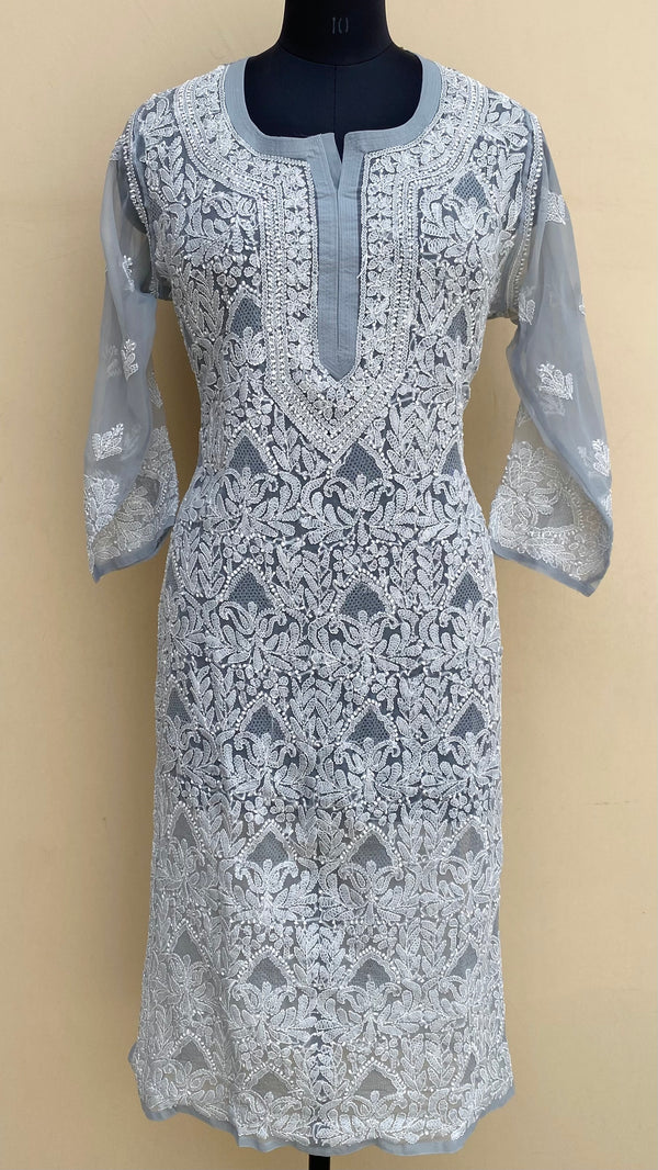 Lucknowi Chikankari Kurti Gray Faux Georgette With Jaali Work