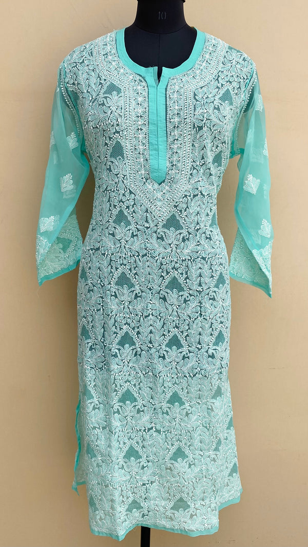 Lucknowi Chikankari Kurti Sea Green Faux Georgette With Jaali Work