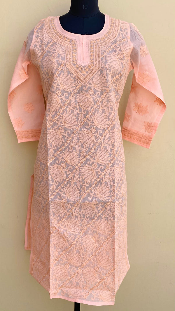 Lucknowi Chikankari Self Kurti Peach Cotton