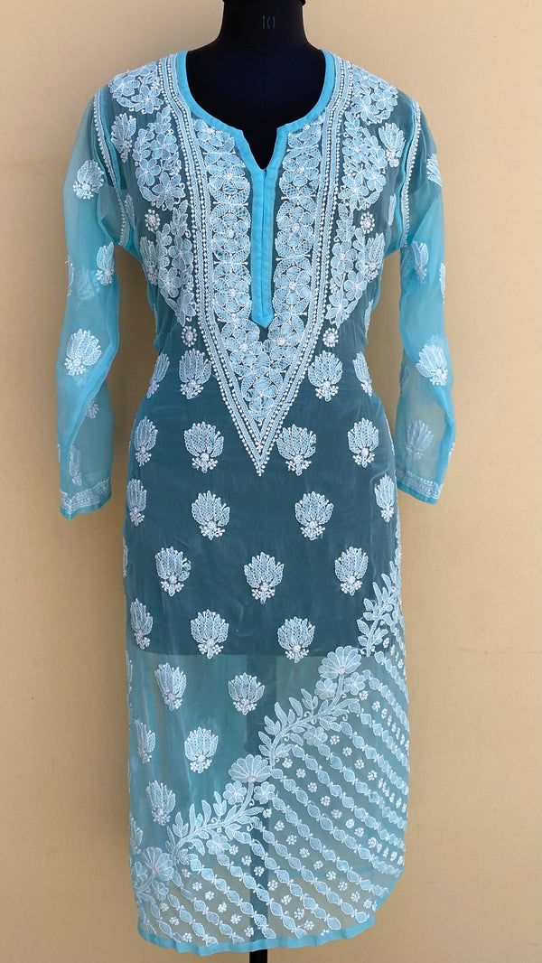 Lucknowi Chikankari Kurti Blue Faux Georgette