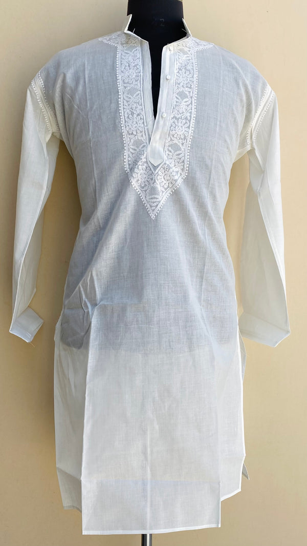 Lucknowi Chikankari Men’s Kurta White Cotton With Jaali Work