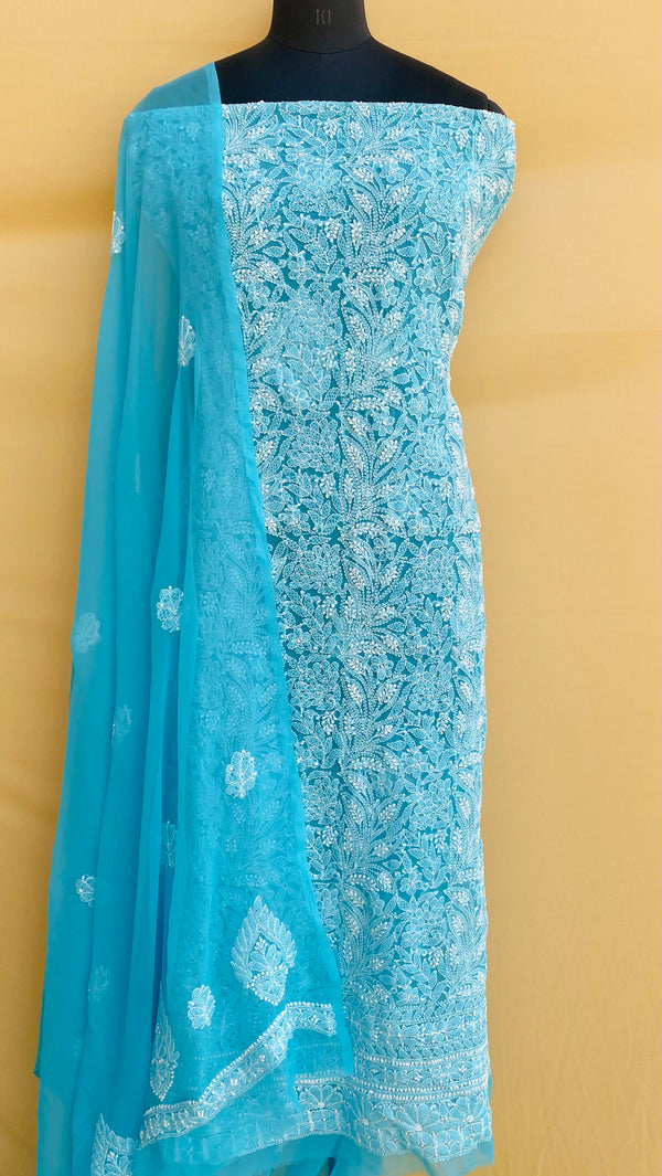 Lucknowi Chikankari Suit Length 3 Piece Blue Georgette