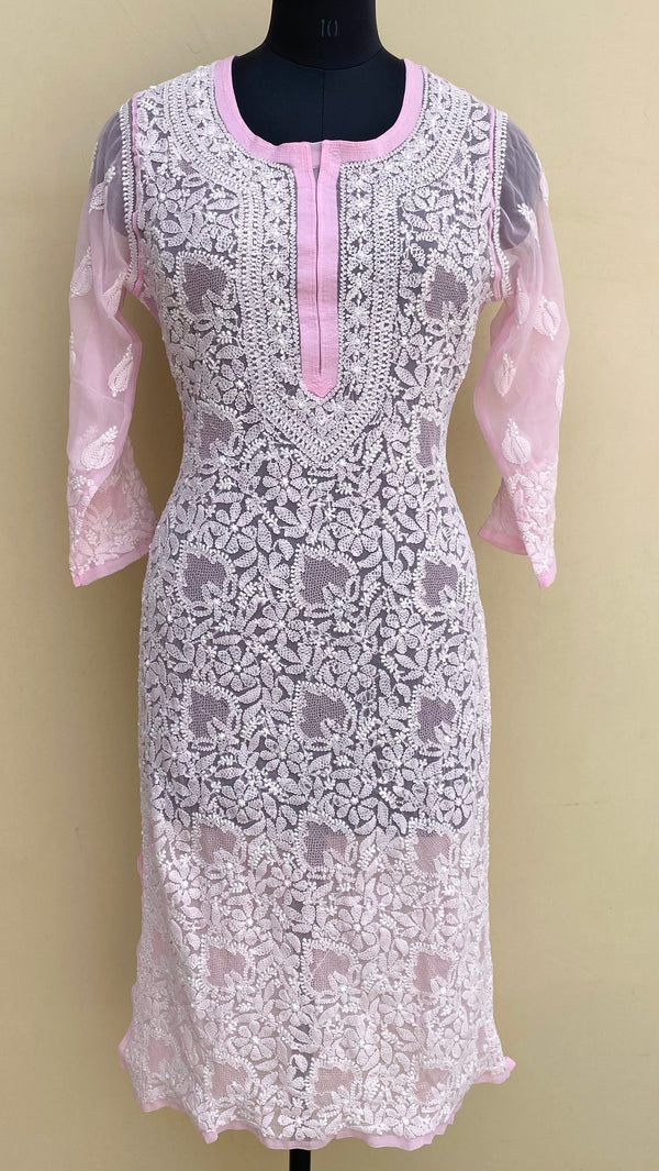 Lucknowi Chikankari Kurti Baby Pink Faux Georgette With Jaali Work