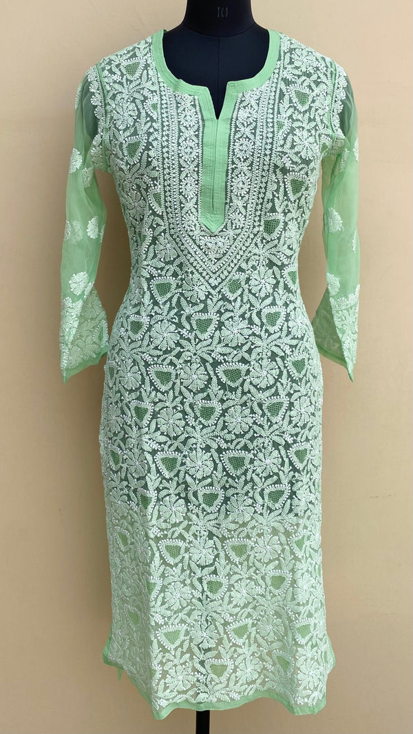 Lucknowi Chikankari Kurti Green Faux Georgette With Jaali Work