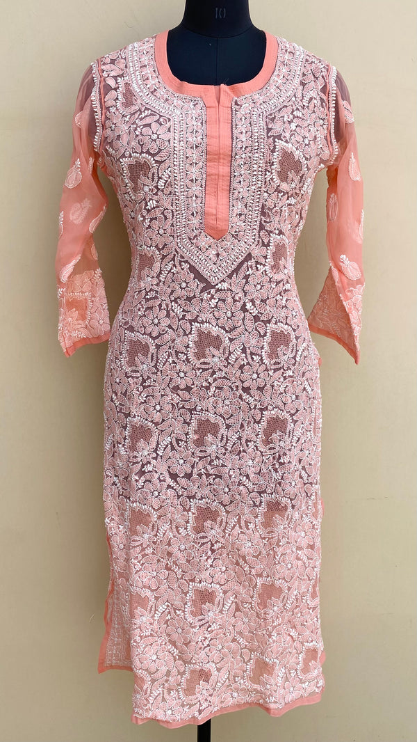 Lucknowi Chikankari Kurti Peach Faux Georgette With Jaali Work