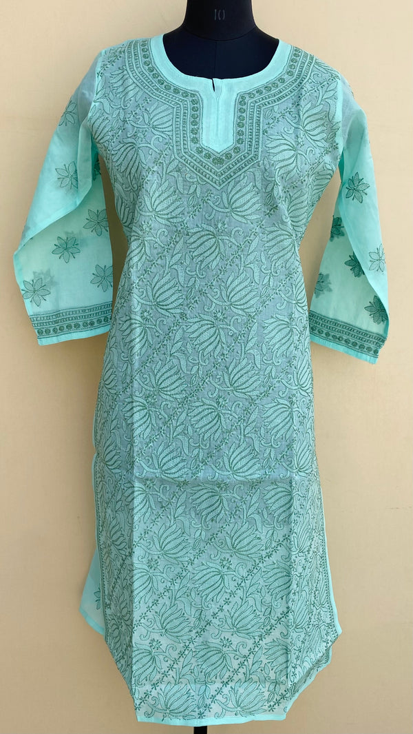 Lucknowi Chikankari Self Kurti Sea Green Cotton