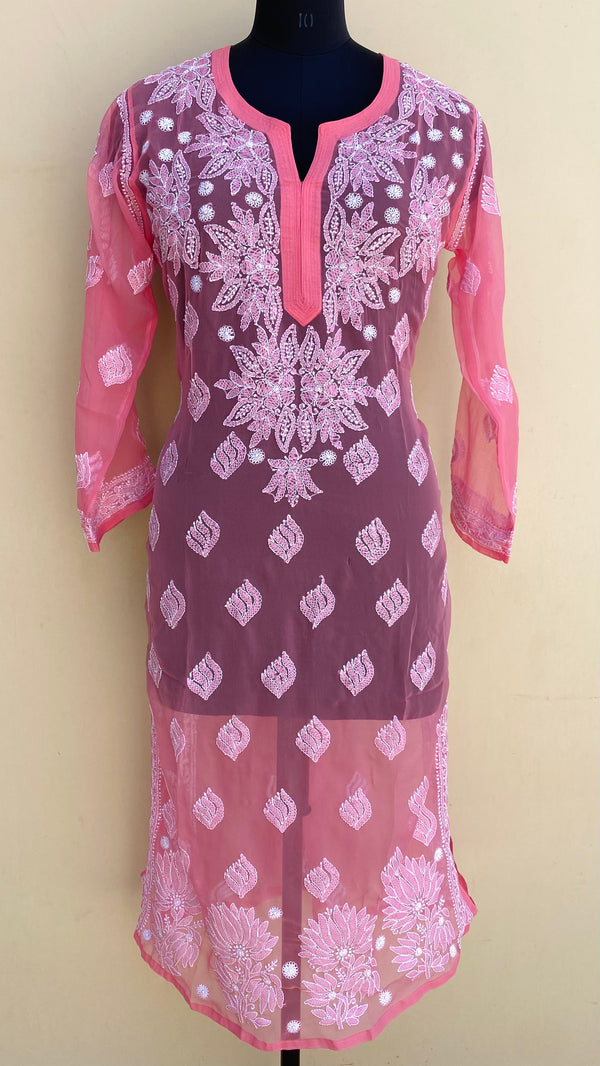 Lucknowi Chikankari Kurti Pink Faux Georgette