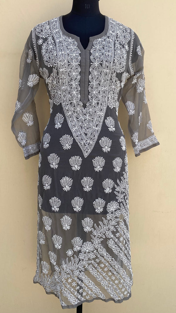 Lucknowi Chikankari Kurti Gray Faux Georgette