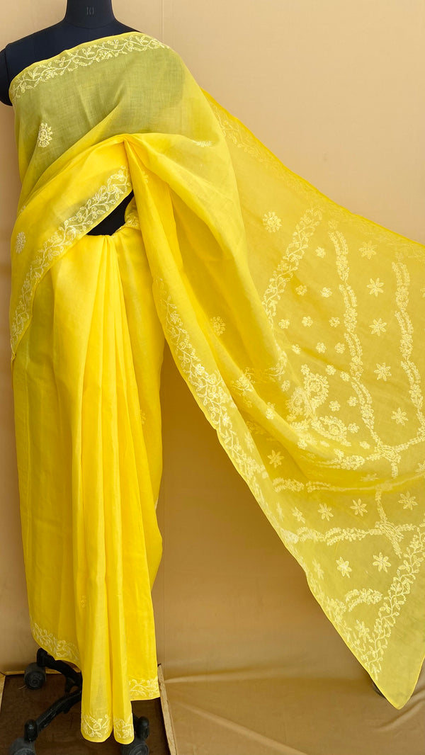 Lucknowi Chikankari Saree Yellow Cotton