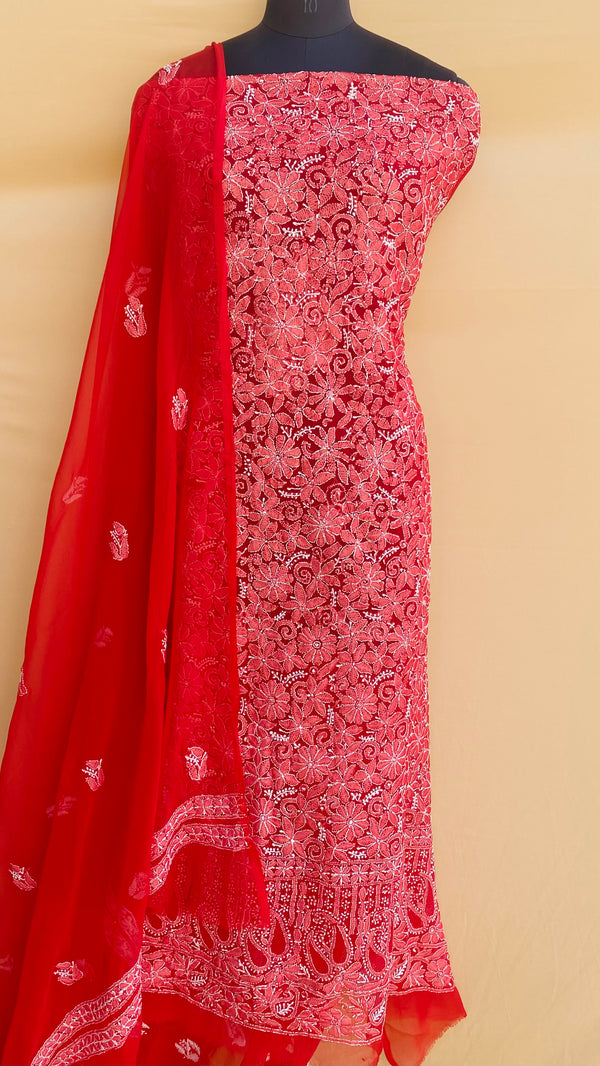 Lucknowi Chikankari Suit Length 3 Piece Red Georgette