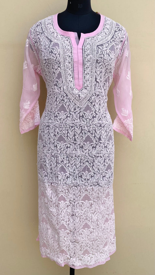 Lucknowi Chikankari Kurti Baby Pink Georgette With Jaali Work