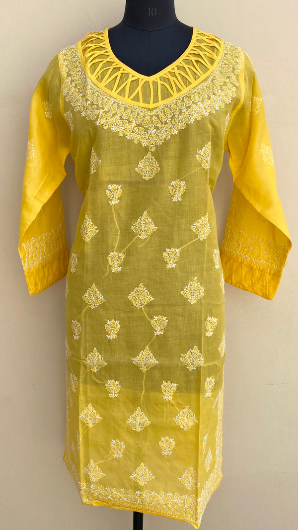 Lucknowi Chikankari Self Kurti Yellow Cotton