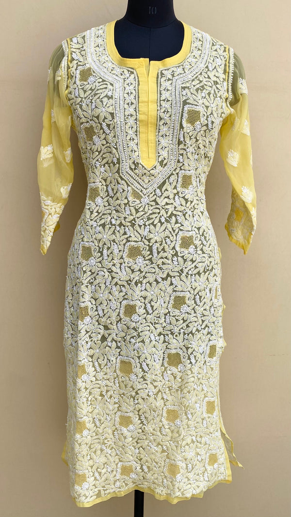 Lucknowi Chikankari Kurti Yellow Faux Georgette With Jaali Work