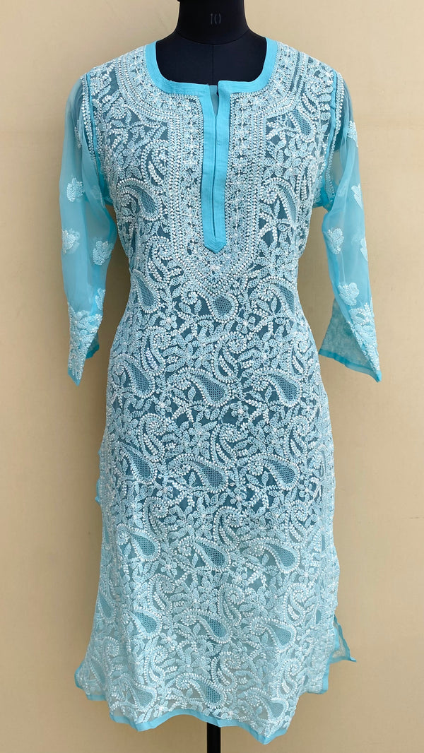 Lucknowi Chikankari Kurti Blue Faux Georgette With Jaali Work