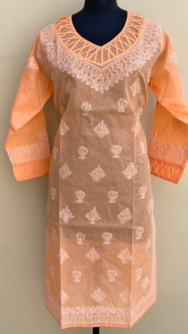 Lucknowi Chikankari Self Kurti Peach Cotton