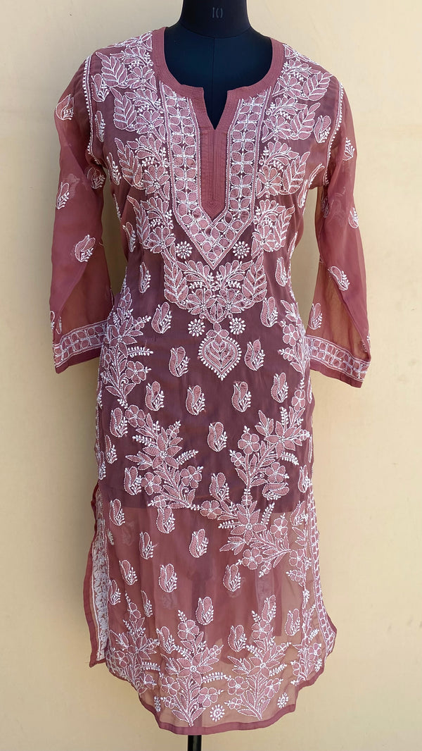 Lucknowi Chikankari Kurti Onion Pink Faux Georgette