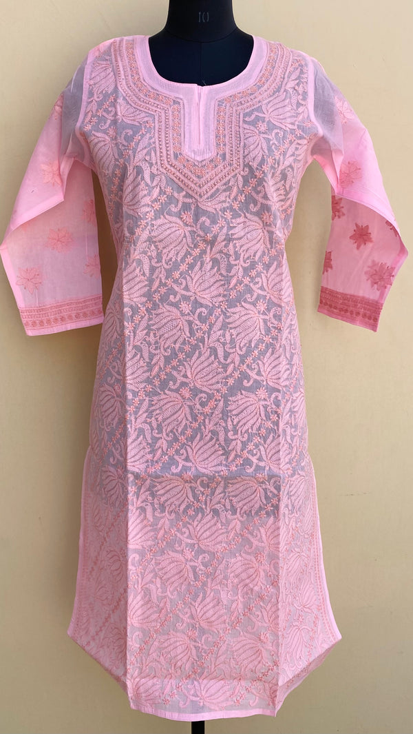 Lucknowi Chikankari Self Kurti Pink Cotton