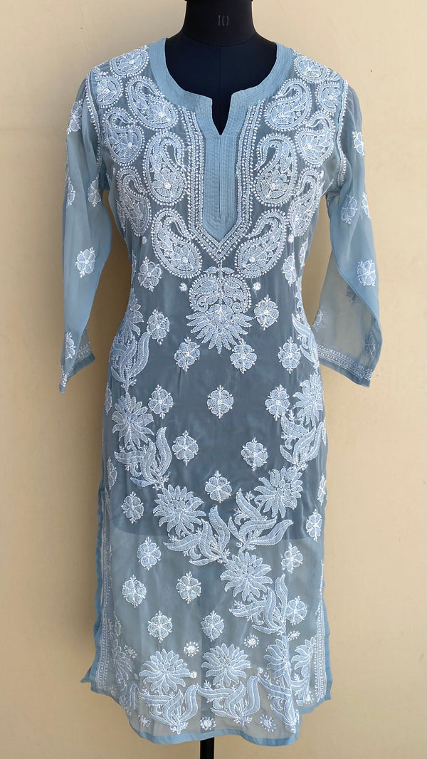 Lucknowi Chikankari Kurti Powder Blue Faux Georgette