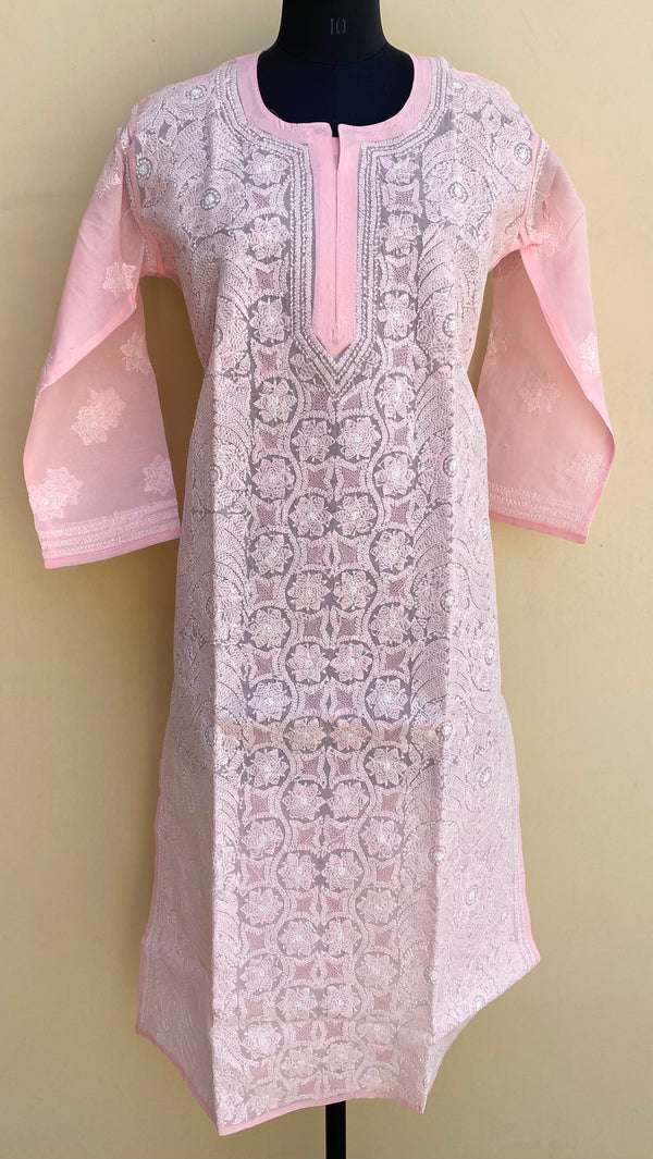 Lucknowi Chikankari Kurti Baby Pink Cotton With Jaali Work