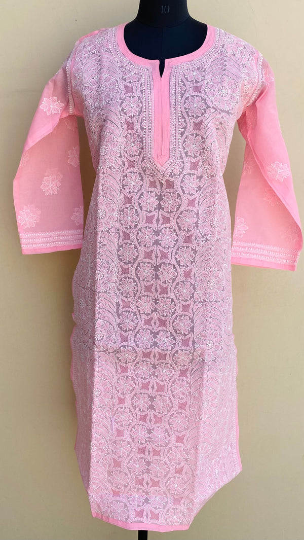 Lucknowi Chikankari Kurti Pink Cotton With Jaali Work