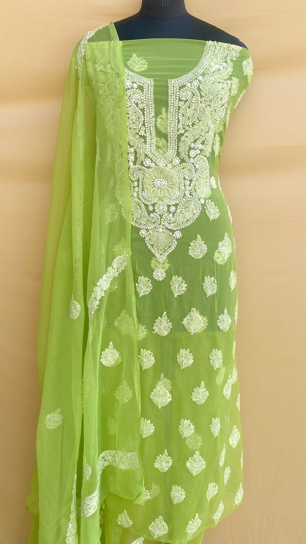 Lucknowi Chikankari Suit Length 3 Piece Green Georgette