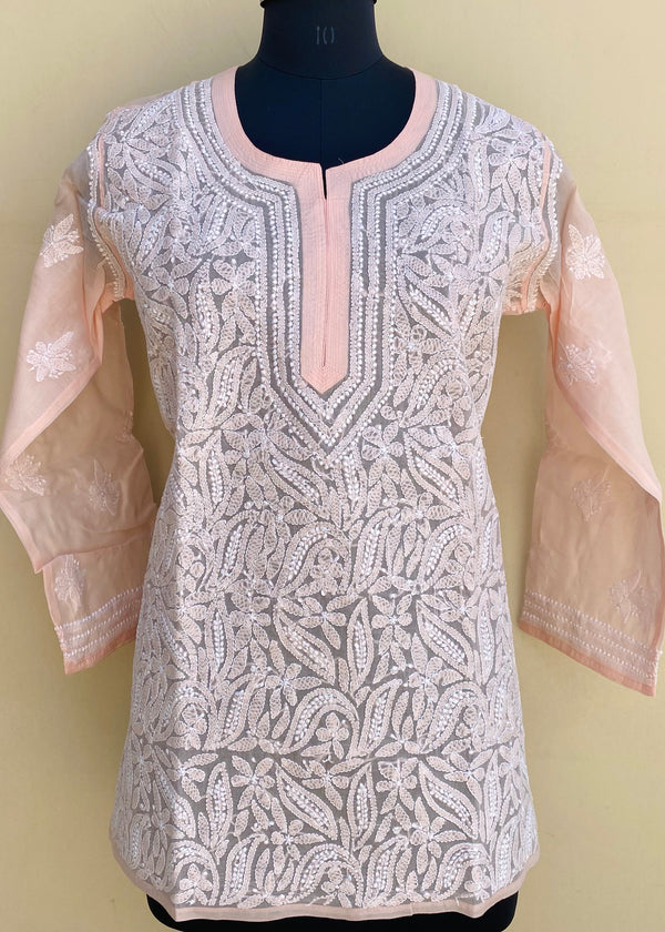 Lucknowi Chikankari Short Kurti Peach Cotton